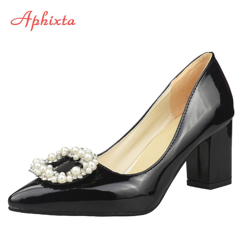 Aphixta 7cm 5cm Square Heels Patent Leather Pearl Buckle Shoes Woman Classics Pointed Toe Dress Official Pumps Party Big Size 48