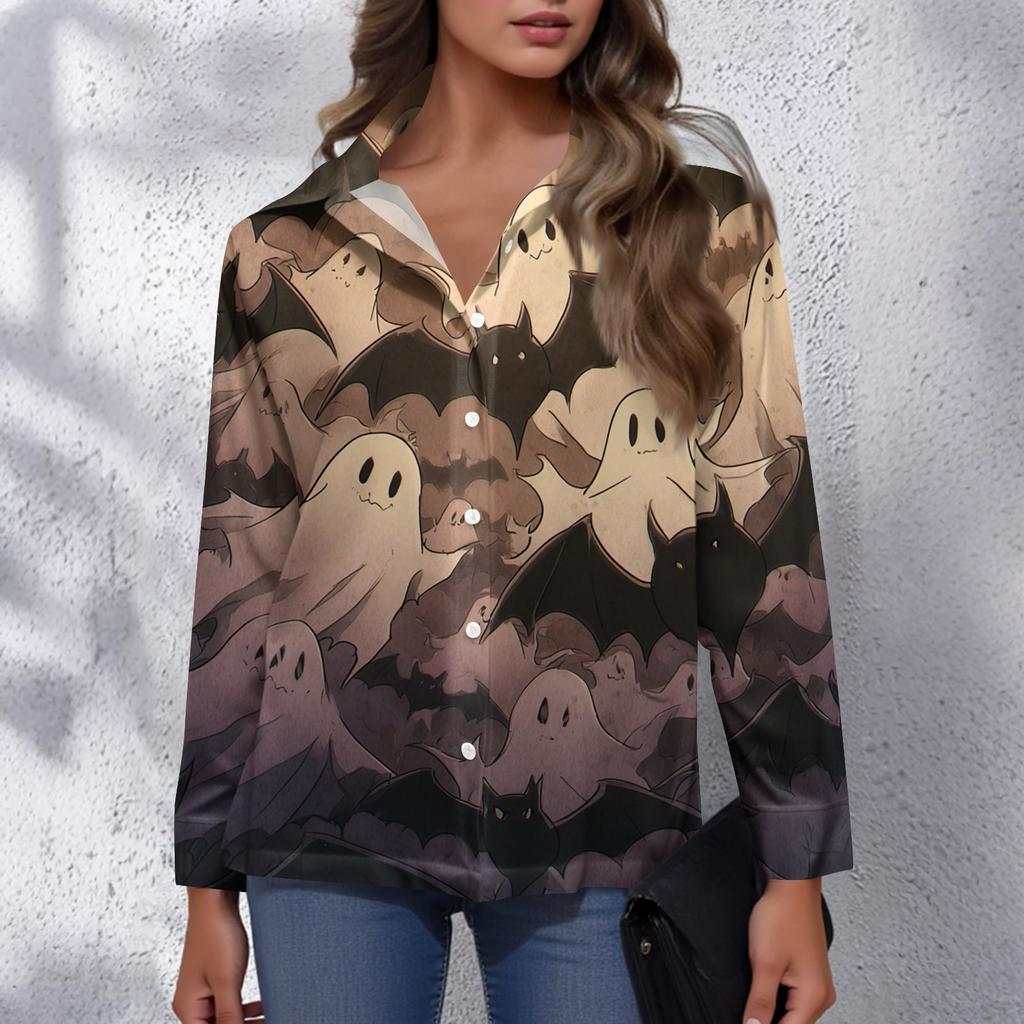 Damen Halloween Bedrucktes Lässiges Halbgeöffneter Kragen Langarmhemd