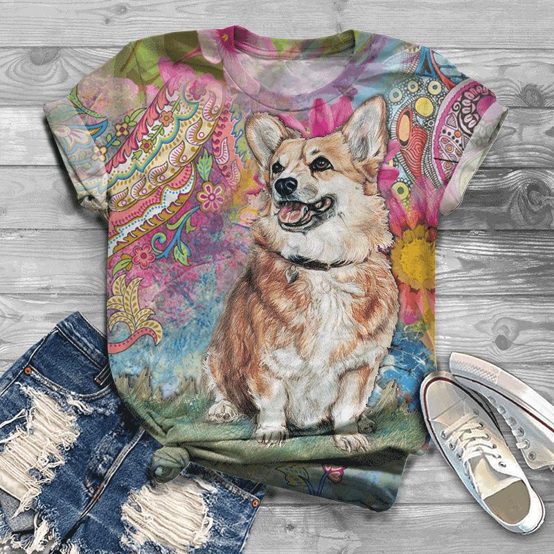 Summer New Printed Short Sleeve Top for Women, Round Neck 3D Dog Printed Women's T-shirt