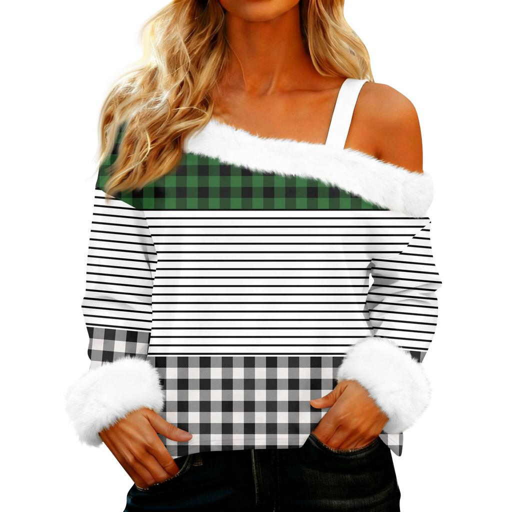 Women's Off-the-shoulder Plush Neck Printed Long-sleeved Pullover T-shirt Top