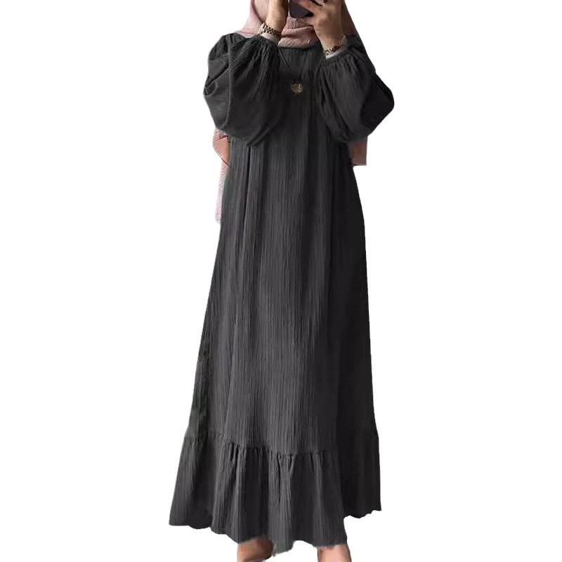 In-Stock Pleated Vintage Muslim Women's Robe with Puff Sleeves and Pocket Hem Ruffle Dress
