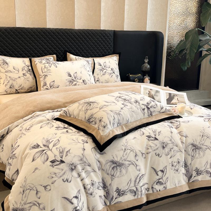 Thickened Milk Fleece Light Luxury Wide-Edge French Printing Four-Piece Double-Sided Fleece Flannel Fleece Bedding