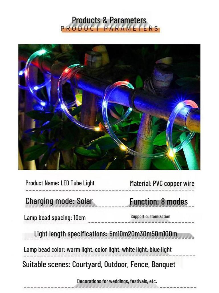 LED Solar Tube String Lights, Outdoor Waterproof Copper Wire, Soft Light Strip for Courtyard Decoration