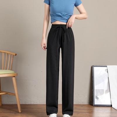 Yousheng Women Casual Pants Elastic Drawstring High Waist Wide Leg Long Trousers Solid Color Thin Leisure Pants