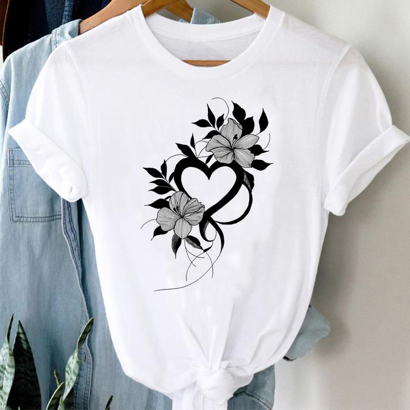 (Asian Size)  Clothing Tee Print Lady T Shirt sweet flower trend 90s Fashion Women Casual Top Short Sleeve Female Graphic T-shirts