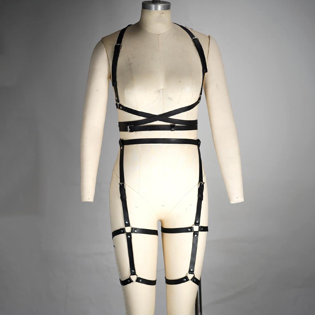 Women's Black Leather Body Harness - Adjustable Punk Goth Lingerie with Metal Buckles and Rings