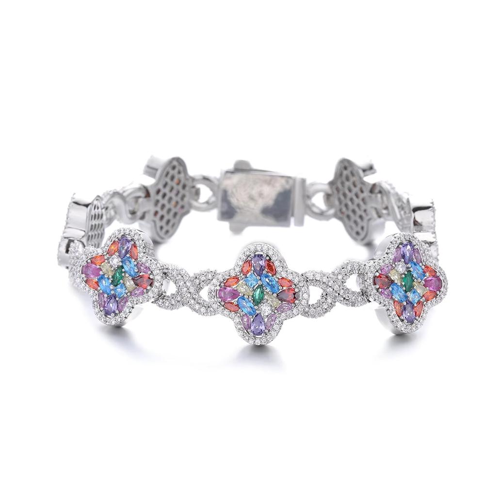 Luxury Iced Out Colorful CZ Four Leaf Clover Infinity Link Bracelet 18K Gold Plated Brass Lucky Jewelry for Women Men