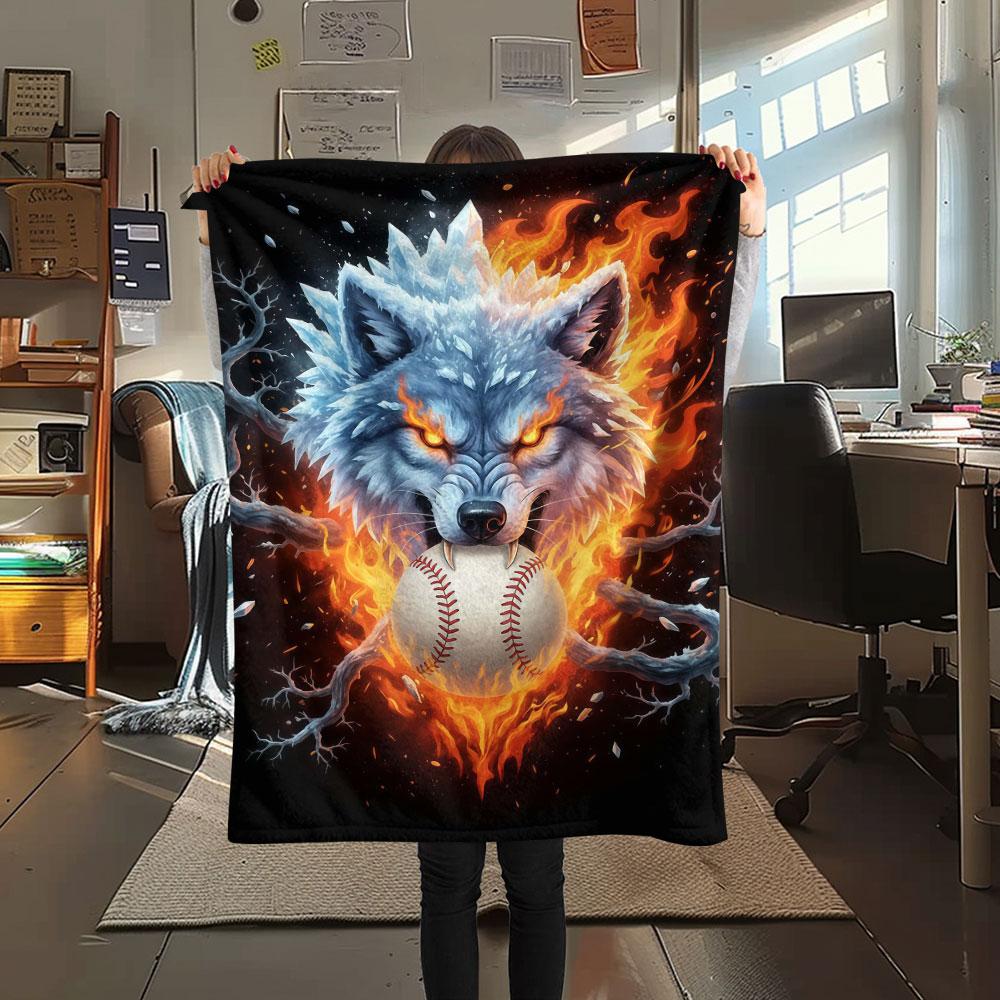 1Pc IceFireWolf Print Flannel Blanket, High Quality Comfortable for All Seasons, Home Decor, Warmth and Comfort, Perfect for Christmas Gifts