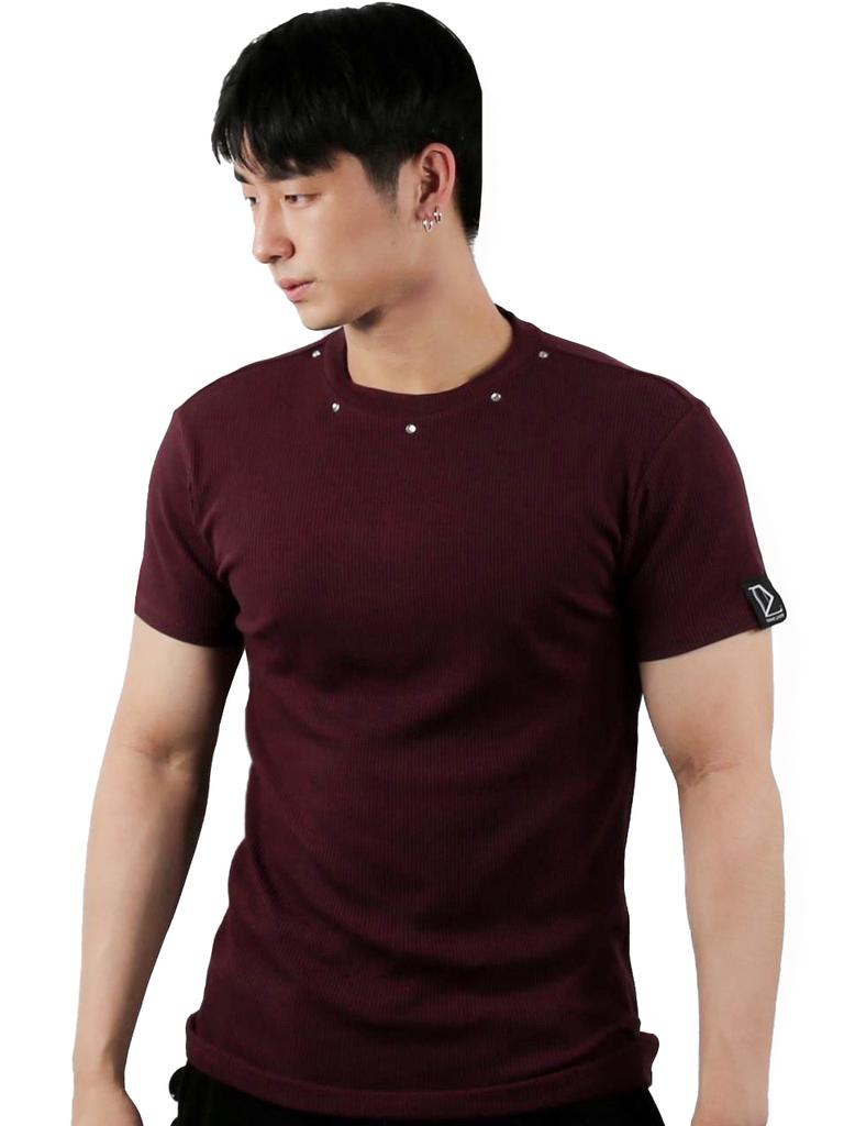 Digeunolusileu Cubic Ribbed Slim Short Sleeve Tee (Burgundy)
