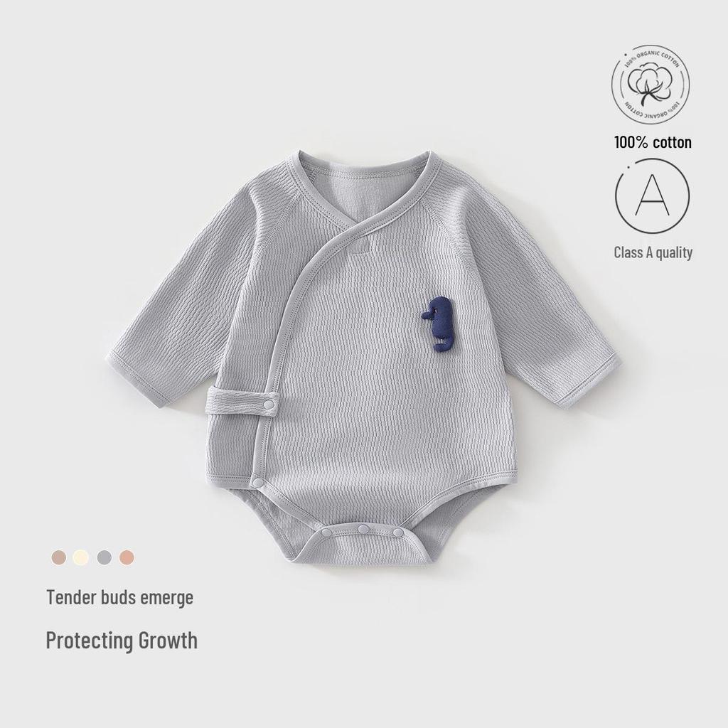 Infant Pure Cotton Long Sleeve Bodysuit with Off-Center Placket - Newborn Spring Romper