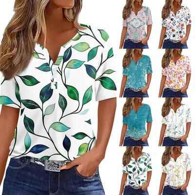 Women's Casual Printed V-Neck Short Sleeve Decorative Button T-Shirt Top
