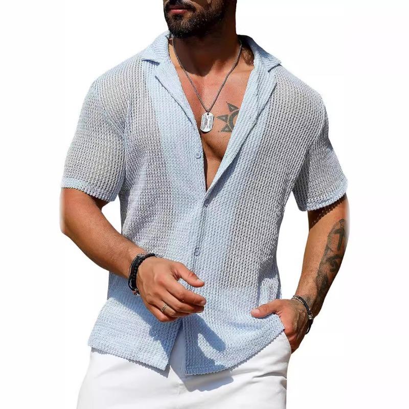 Herren Casual Kurzarm Strickjacke Hemd Sommer Einfarbig Atmungsaktiv Oberteil