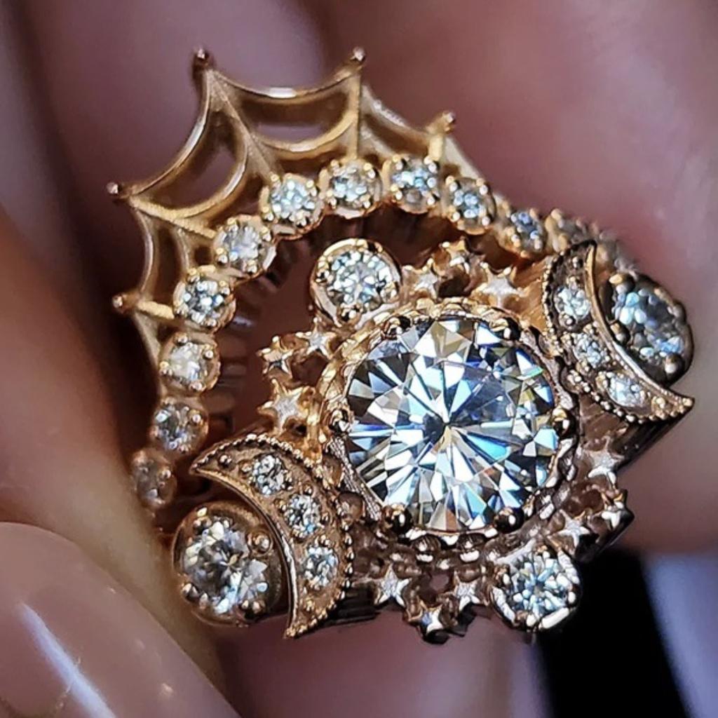 Luxury European and American Fashion Cosmic Moon Muse Engagement Ring Set Star Moon Spider Web Women's Ring