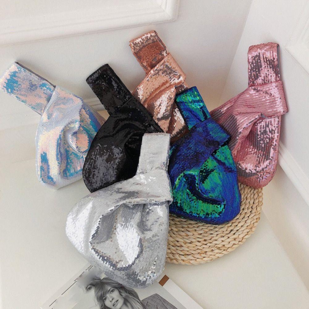 

Solid Color Knot Wrist Bag Glitter Tote Bag Fashion Sequin Handbag Girl зелений
