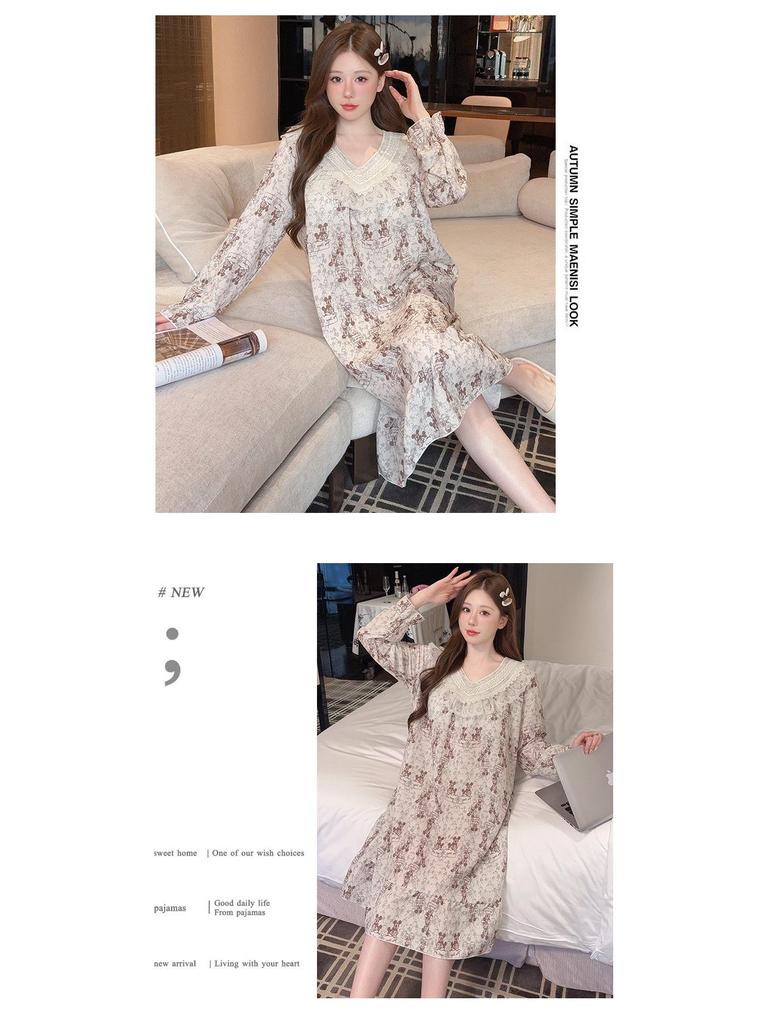 2025 V-Neck Pearl Cotton Long Sleeve Nightgown with Chest Pad – Spring/Autumn Oversized Sleep Dress for Indoor/Outdoor Wear