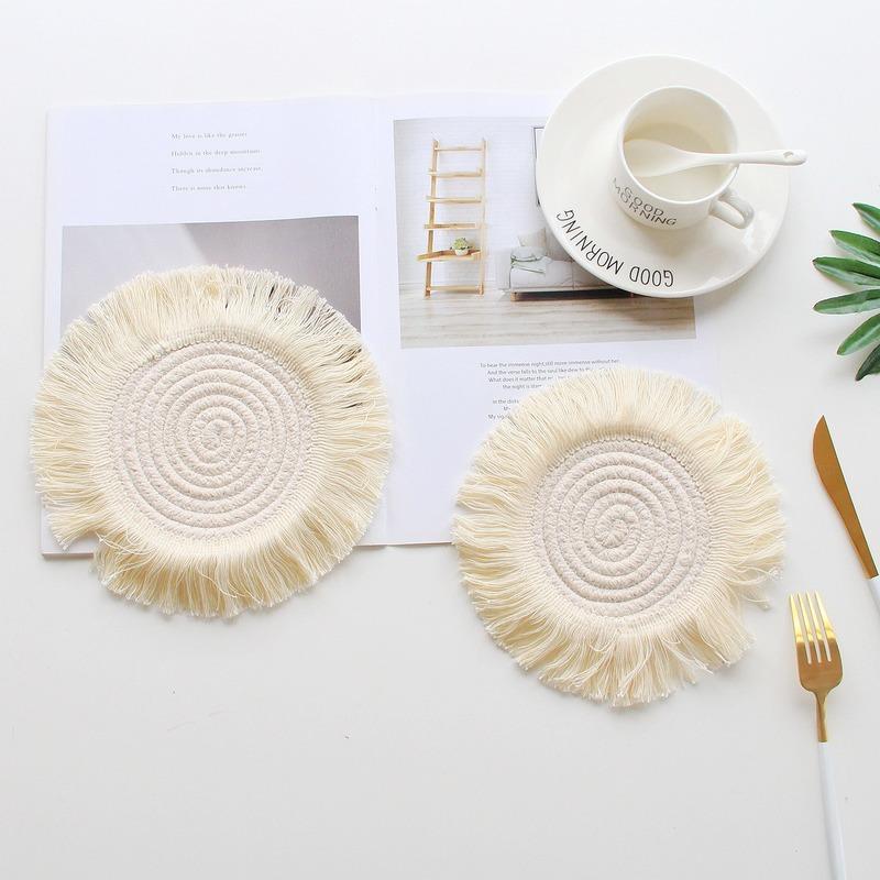 Hand-woven Cotton Rope Tassel Cup Mat Round Non-slip Insulated Bowl Mat Placemat Coaster Minimalist Coaster Home Decor