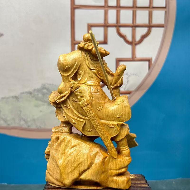 Natural Cypress  Guan Gong sculptures figurines Solid wood carving Home Room OfficeWealth Luck Feng Shui Decor Portrait Statue