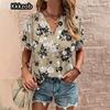 Crushed Flower Casual T Shirts Streetwear Casual Woman Topsshort Sleeve V Neck Tshirt Women's Fashions Loose Plus Size Clothing
