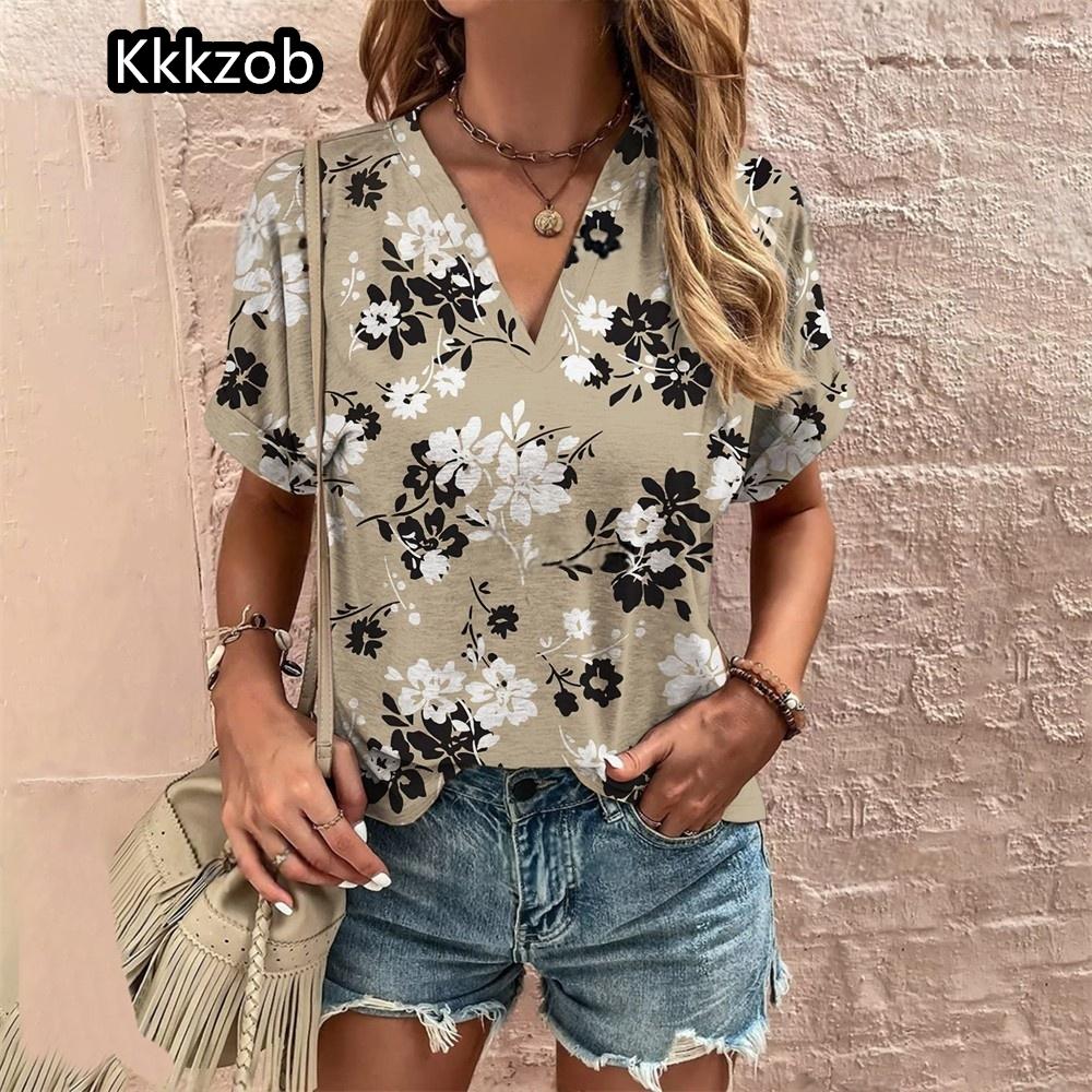 Crushed Flower Casual T Shirts Streetwear Casual Woman Topsshort Sleeve V Neck Tshirt Women's Fashions Loose Plus Size Clothing