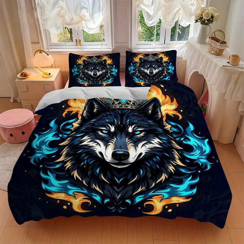 3pcs Flame Crowned Wolf Quilt Cover Set (1 Quilt Cover + 2 Pillowcases Without Pillow Core), High-Definition Printing for Home and Dormitory.J048