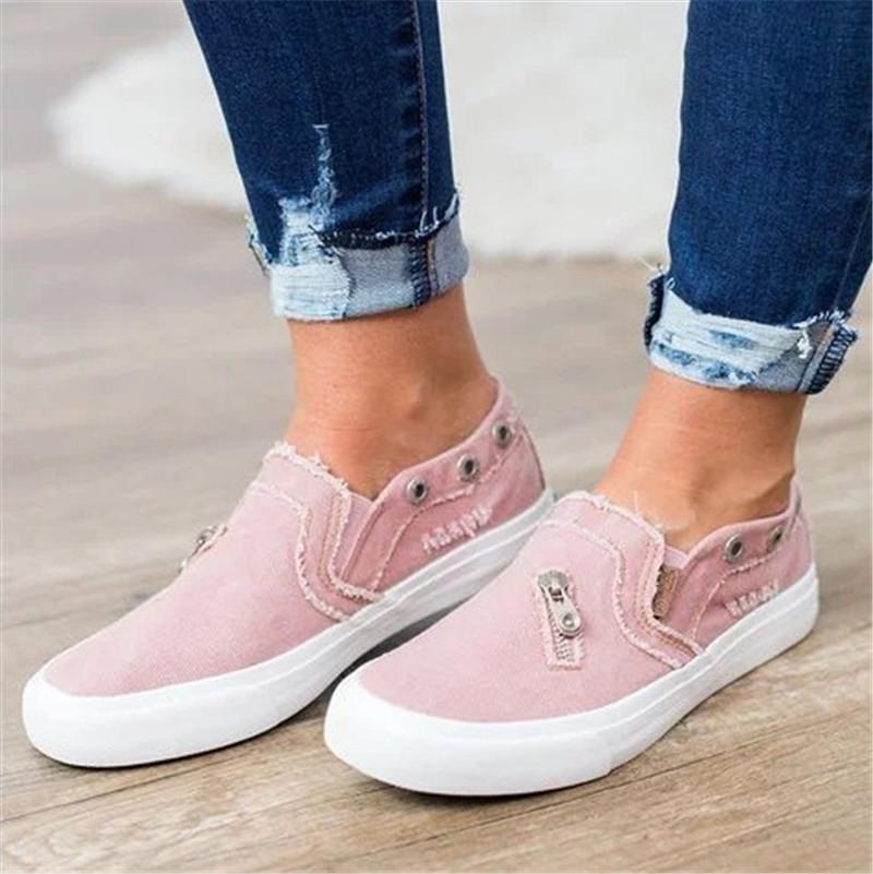 Special for large size single shoes, women's canvas loafers, denim zippers, one pedal, flat lazy shoes, casual board shoes.