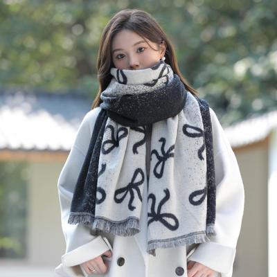 High-End Korean Style Bow Print Color Block Scarf: Thickened Warm Two-Way Use Shawl