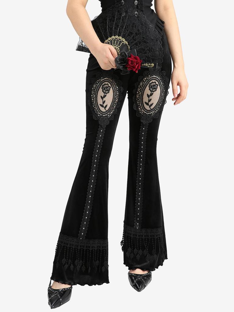 Rosegal Gothic Rose Blume Mesh Applikation Nieten Spitze Besatz Quaste Samt Schlaghose