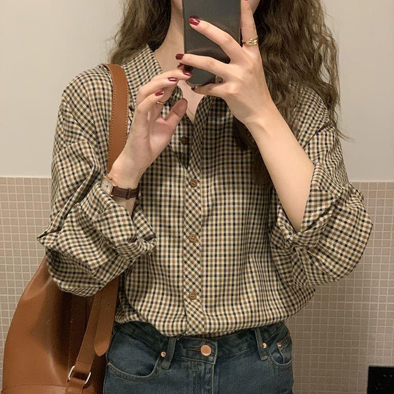 Kostkované košile Dámské Elegantní Základní Klasické Klasický límeček Retro Volný Kancelář Dáma Korejský styl Halenky s dlouhým rukávem Dámské oblečení