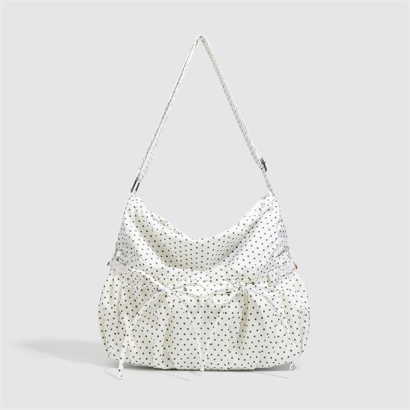 Korean Polka Dot Canvas Tote Bag Women Large Capacity Crossbody Bag With Bow Detail Cute Commuter Shoulder Bag Casual Handbag 35x10x29cm