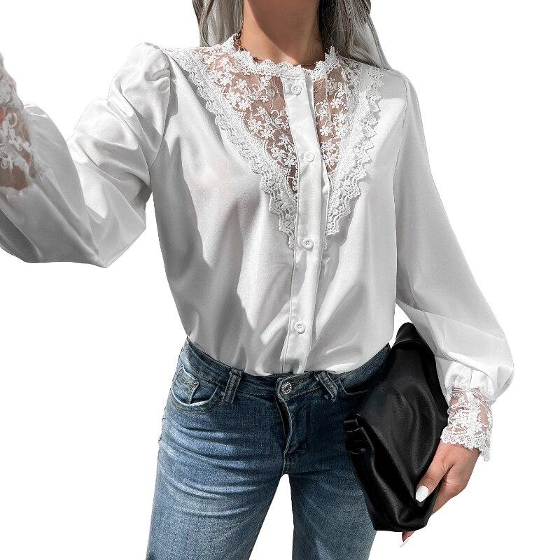 Vintage Embroidered Elegant Lace Blouse Women Lantern Sleeve Single-breasted Shirts For Women Fashion Casual Loose Tops 26218