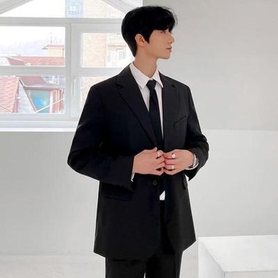 Men's Casual Black Suit Set - Spring/Fall Trendy Korean Style Formal Wear
