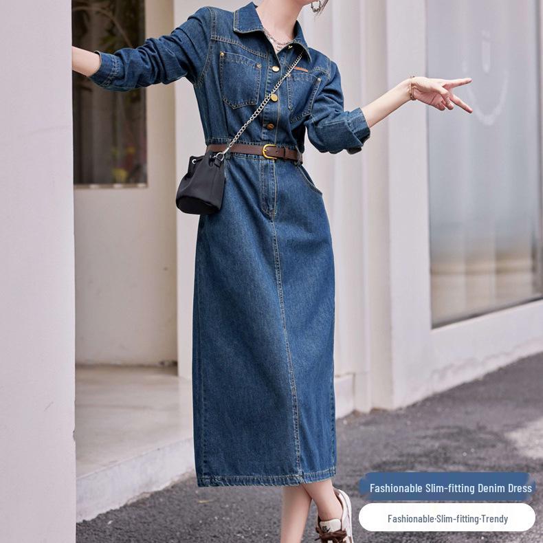 Trendy Slimming Denim Dress for Women - 2026 Spring/Autumn Style with Waist-Cinching, Flattering Fit & Lapel Design