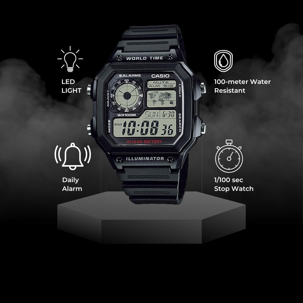 Casio AE-1200WH-1AVDF Digital Wristwatch with Alarm, Stopwatch, LED Light