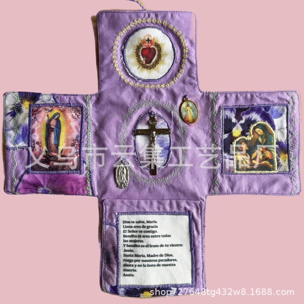 Bolsa Devocional Católica de Tecido em Forma de Cruz Feita à Mão com Crucifixo Imagem de Santo Virgem Maria para Uso Diário na Fé