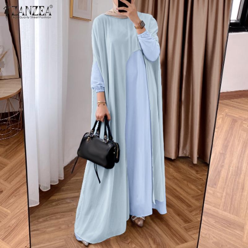 ZANZEA Kvinner Casual Falsk Todelt Chiffon Patchwork Langermet Lang Kjole