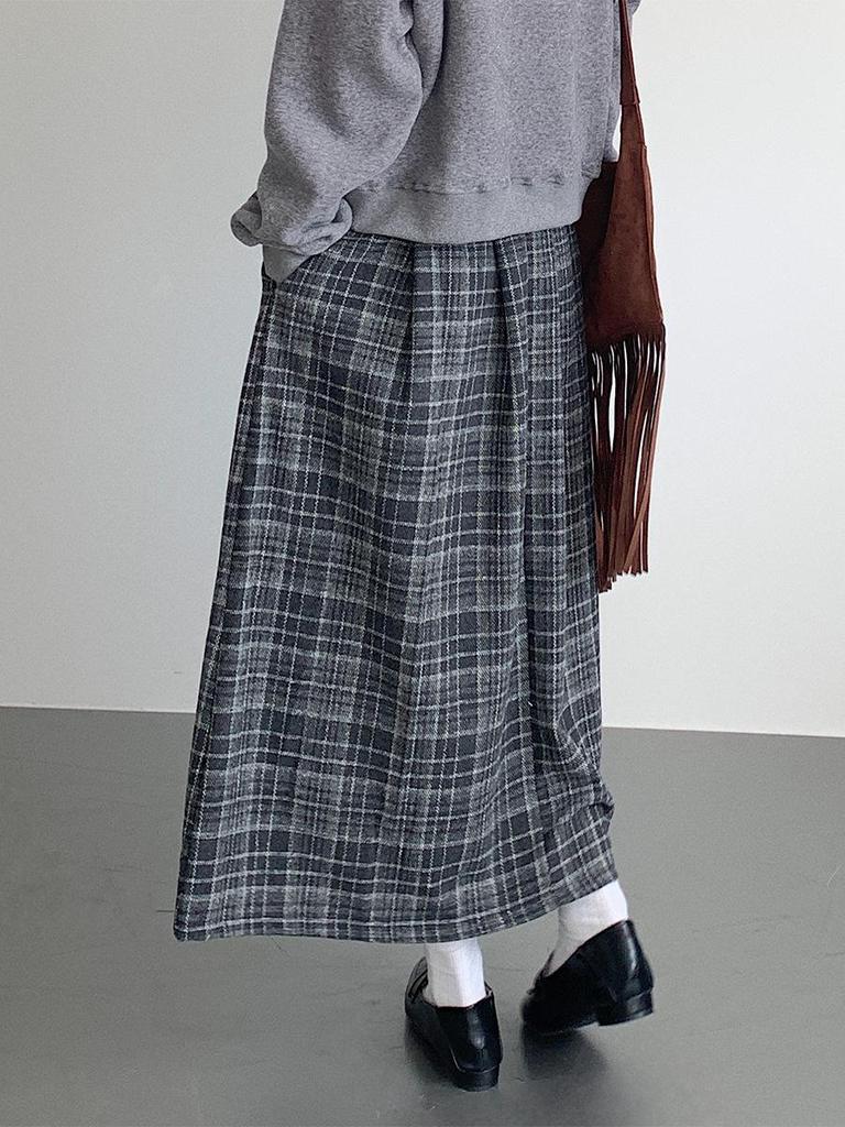 Ou Fan Retro Plaid Woolen Pleated A-line Skirt with Elastic Waist for Autumn/Winter