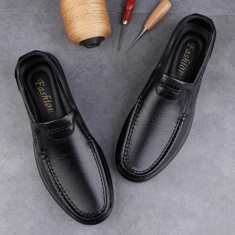 Leather shoes men's first-layer cowhide business casual loafers spring one-pedal lazy thick-soled round head foot men's leather shoes