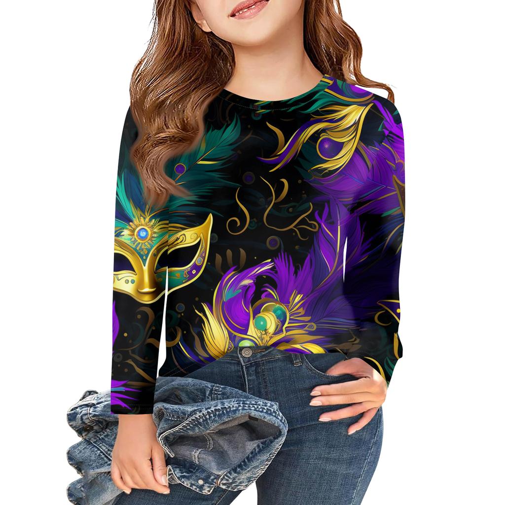 Dívčí trička s dlouhým rukávem Dětské podzimní topy Kulatý výstřih Potištěná základní trička