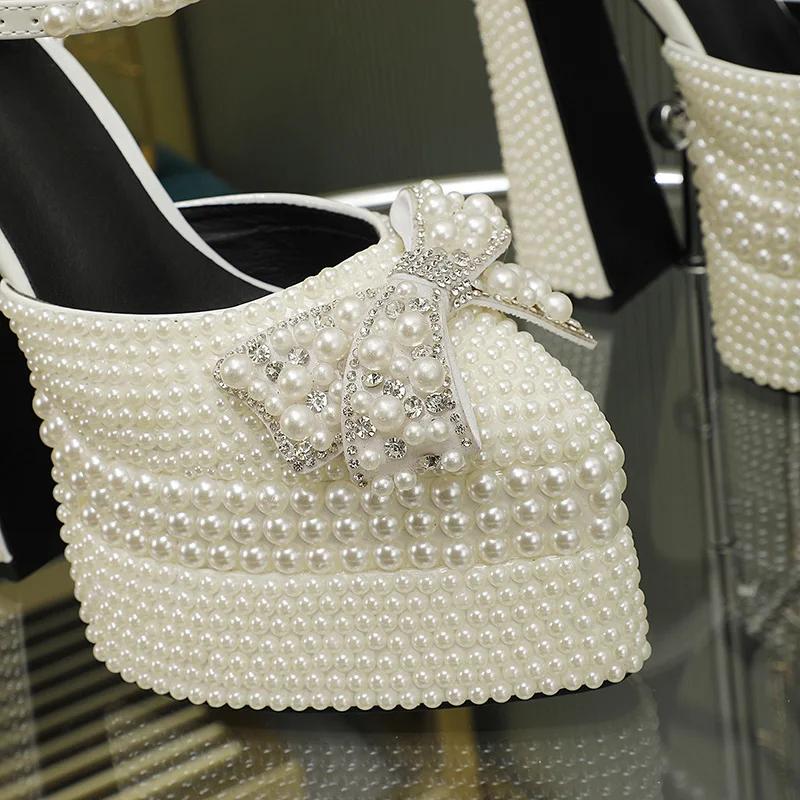 Fashion Brand Hand Inlaid Pearl/Rhinestone High Heel Sandals Wedding Bridal Party Water Platform Bow Sandals Large 42 Sexy Women's Shoes