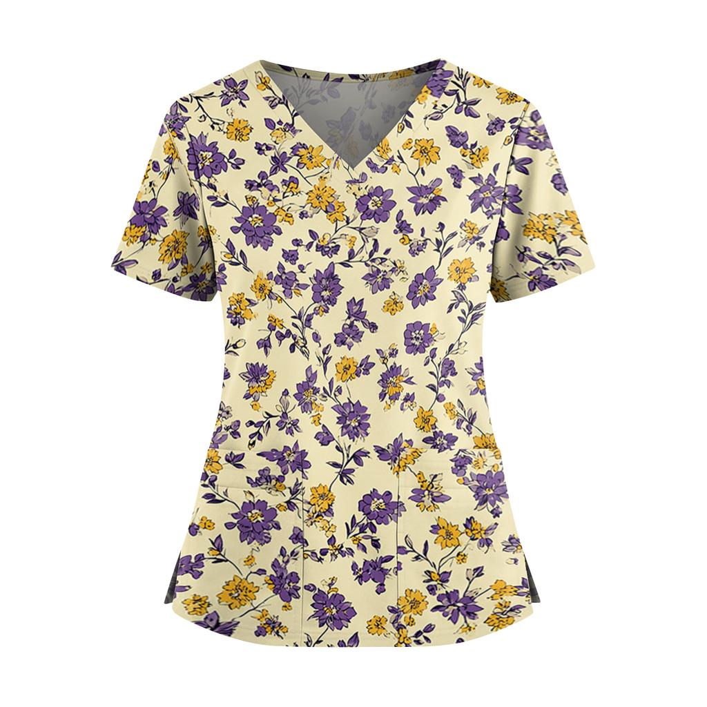 Women's floral print V-neck double pocket short-sleeved uniform/caregiver top with slits at the hem
