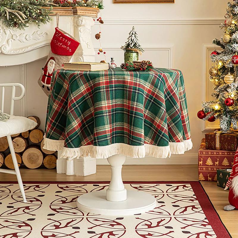 Christmas Plaid Pattern Tablecloth Pastoral Style Round Retro Luxury TableCloth with Tassel Holiday Party Table Cover Home Decor