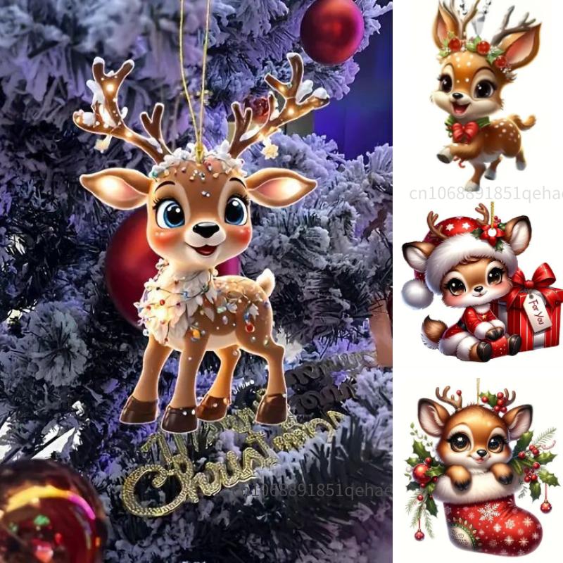 2D Acrylic Cartoon Fawn Christmas Tree Pendant Christmas Cartoon Cute Elk Hanging Decorations  New  Gifts Party Decor