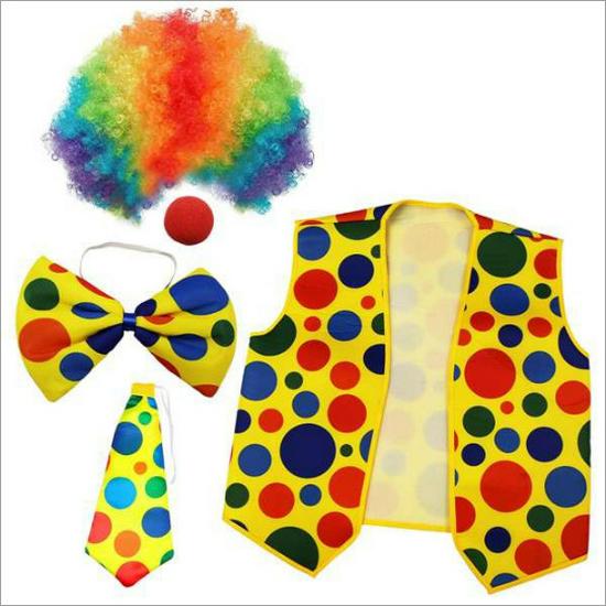 Colorful Clown Polka Dot Costume Set with Nose, Hat, Wig, Bow Tie, and Magic Props.