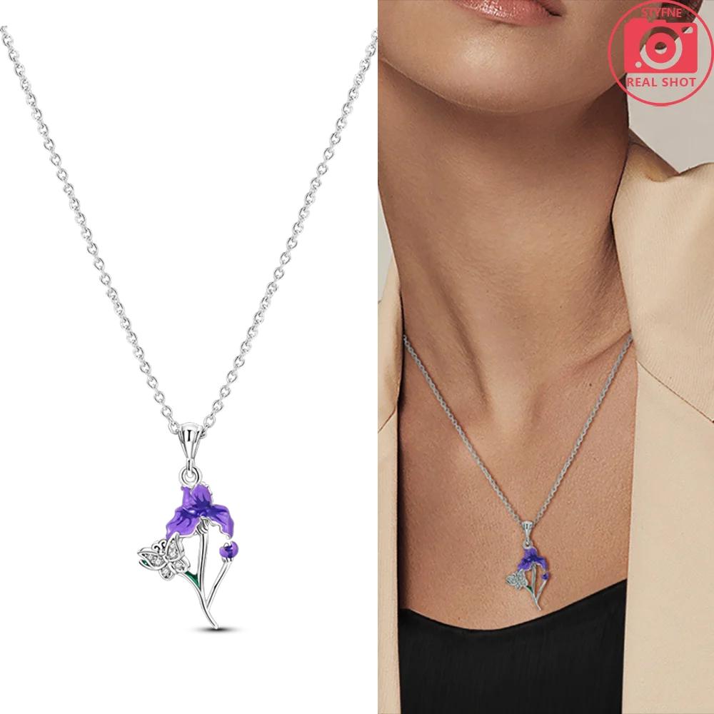 Authentic Purple Iris Flower Necklaces Sunflower Fourleaf Shamrock Pendant copper Necklaces Women Jewellery Fine Anniversary Gift