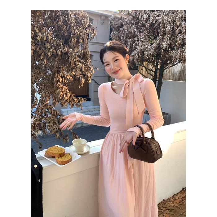 

Korean wear a complete set of women s autumn design sense niche bow long-sleeved temperament high waist and thin dress S розовый