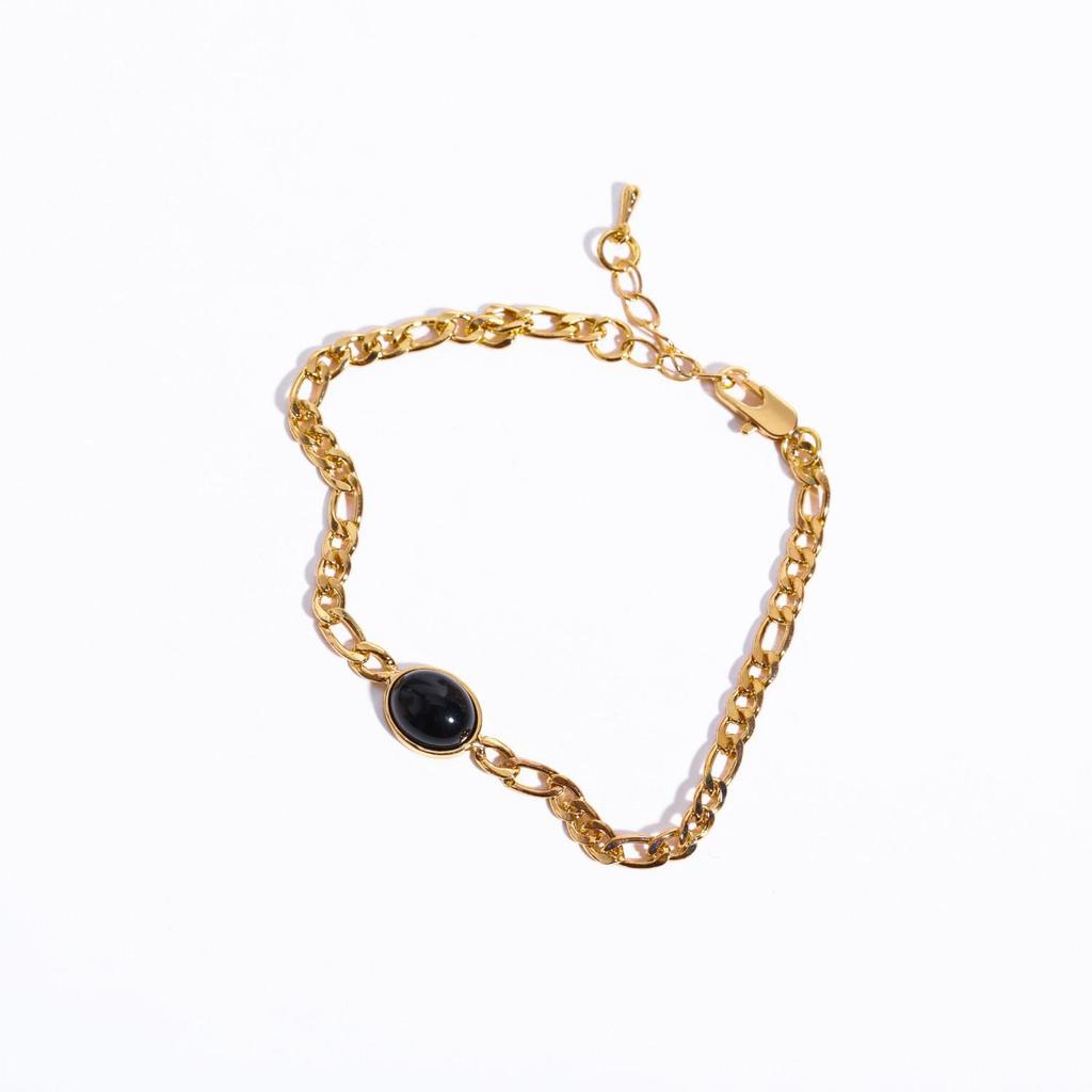 In Stock: European & American Green Aventurine Black Jade Double Layer Necklace with Figaro Chain In 14K Gold