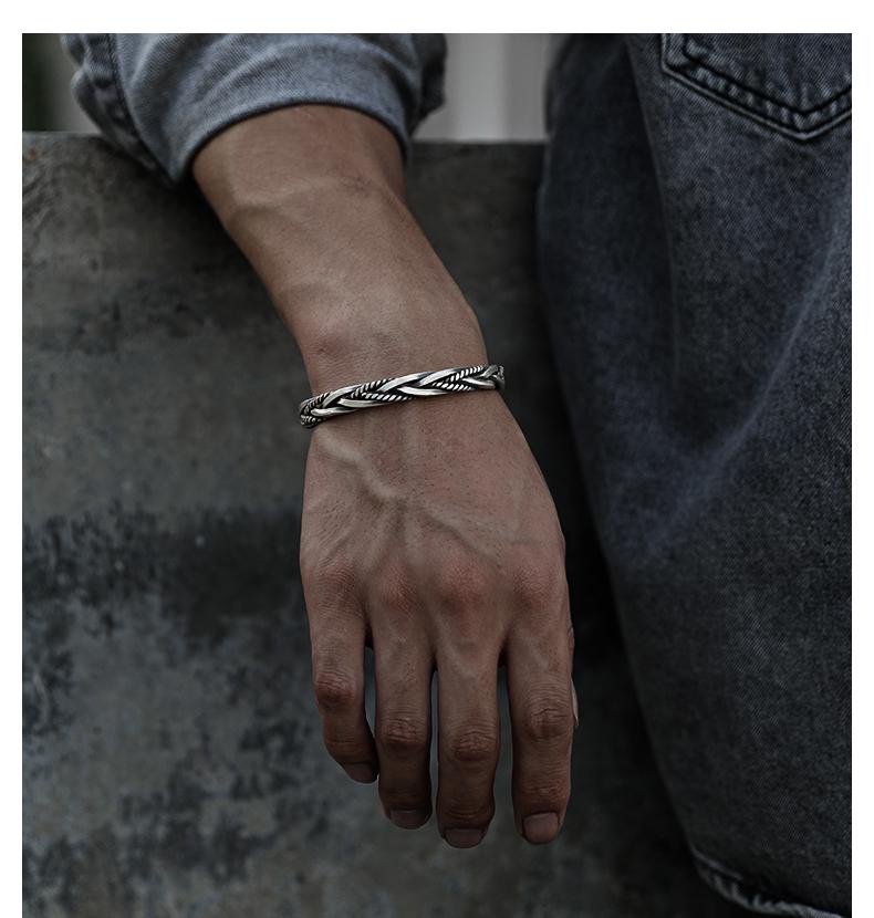 Retro Braided Open Bangle: S925 Silver Plated Unisex Bracelet - Trendy Heavy Industry Design