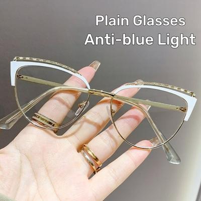 Metallrahmen Mode Cat-Eye Brille ohne Stärke Personalisierte Blaulichtfilterbrille Luxus Designer Beliebte Metallbrille