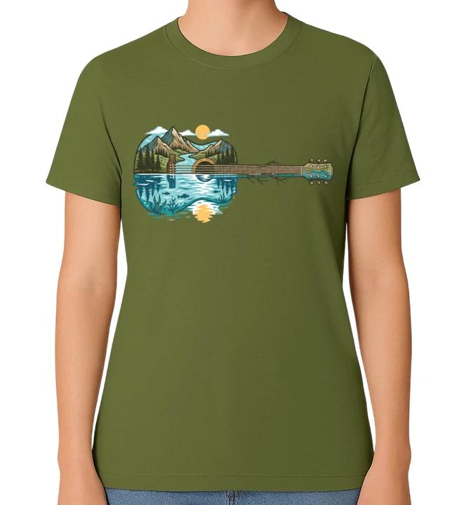 Mountain Guitar Lake Scene Unisex Graphic T-Shirt Music Nature Tee 3 M