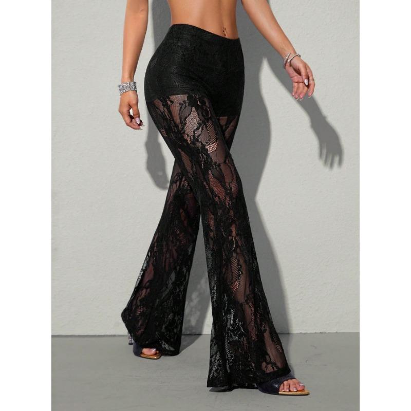 Women Sexy Sheer Lace High Waist Slim Fit Flared Long Pants